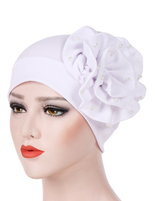 Fashion White Side Flower Large Flower Nail Pearl Turban Cap