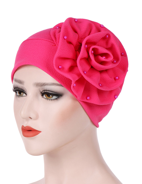 Fashion Rose Red Side Flower Large Flower Nail Pearl Turban Cap