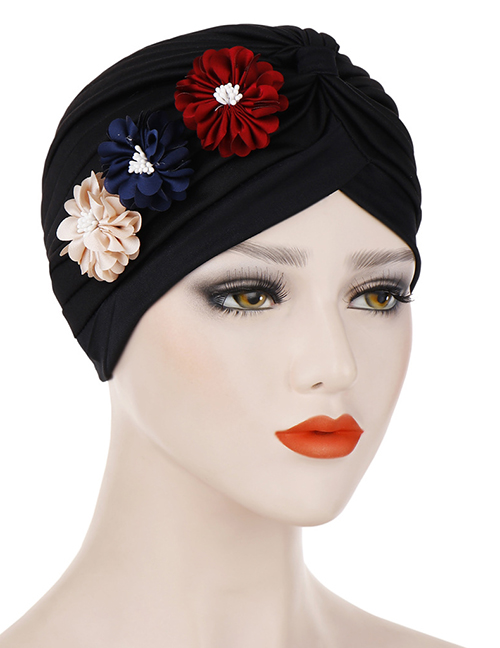 Fashion Black Three Small Flower Pleated Headscarf Caps