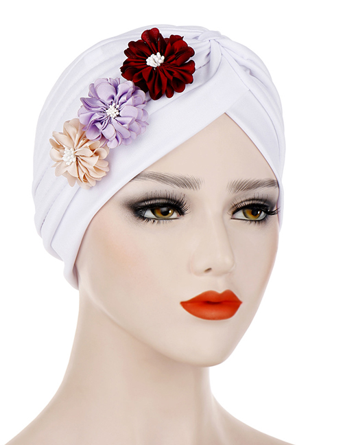 Fashion White Three Small Flower Pleated Headscarf Caps