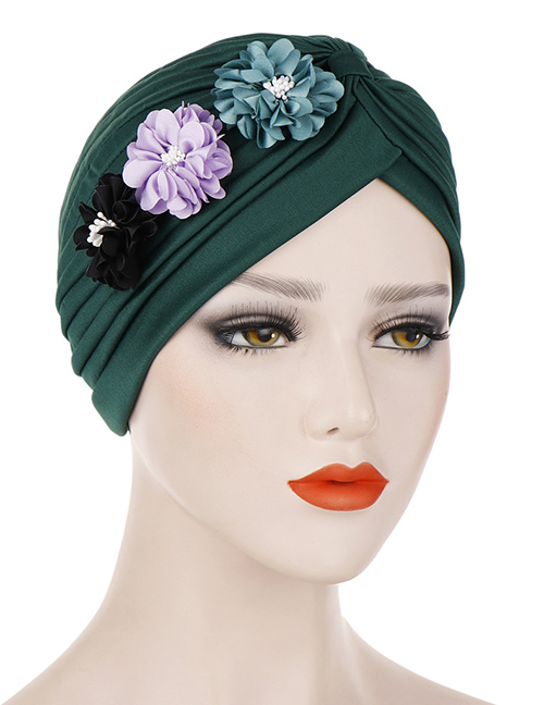Fashion Dark Green Three Small Flower Pleated Headscarf Caps