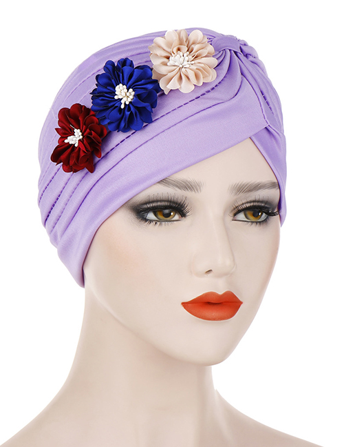 Fashion Light Purple Three Small Flower Pleated Headscarf Caps
