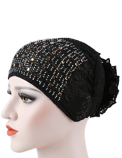 Fashion Black Flowered Bonnet With Hot Diamond