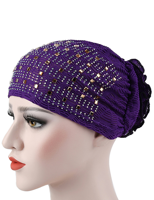 Fashion Dark Purple Flowered Bonnet With Hot Diamond