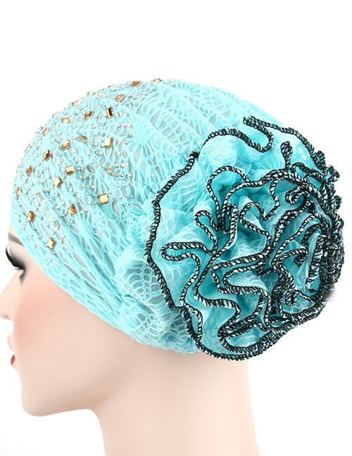 Fashion Sky Blue Flowered Bonnet With Hot Diamond