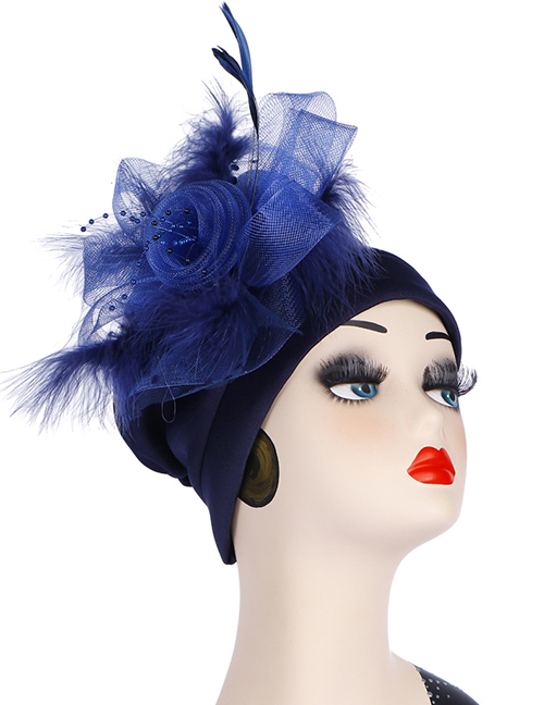 Fashion Navy Space Cotton Side Mesh Large Flower Headscarf Cap