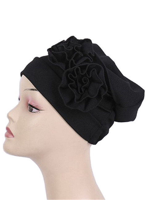 Fashion Black Corn Grain Double Flower Pleated Turban Cap