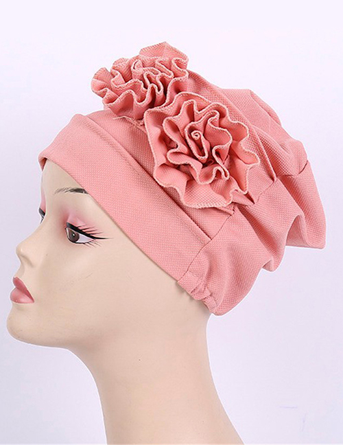 Fashion Pink Corn Grain Double Flower Pleated Turban Cap
