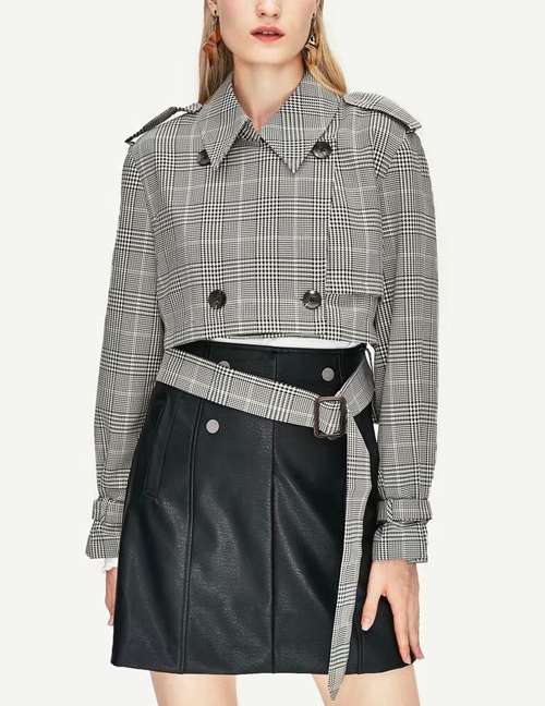 Fashion Gray Plaid Belt Short Coat
