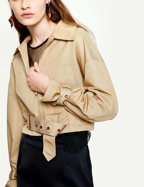 Fashion Khaki Lapel Belt Jacket
