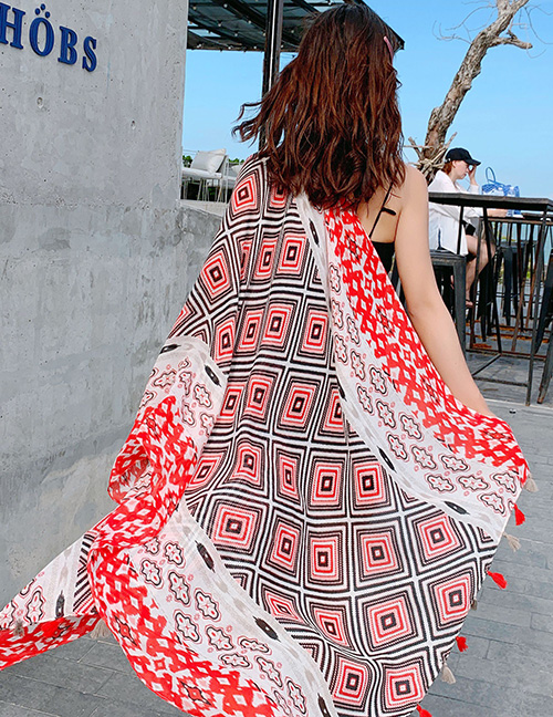 Fashion Red Back Character Pattern Contrast Color Print Tassel Scarf Shawl