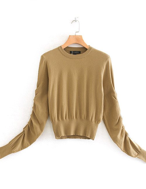 Fashion Camel Round Neck Pleated Knit Sweater