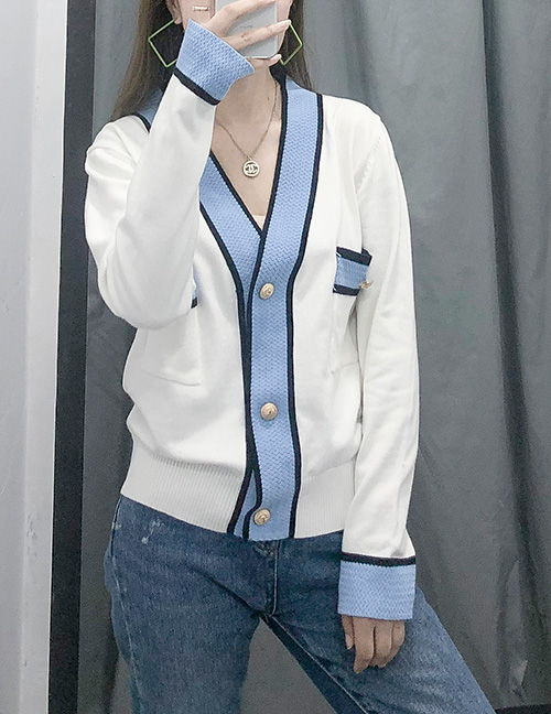 Fashion White Contrast Button Knit Jacket