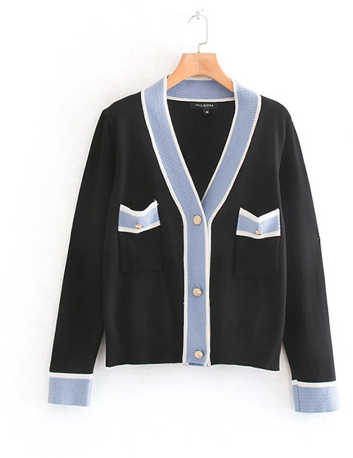 Fashion Black Contrast Button Knit Jacket