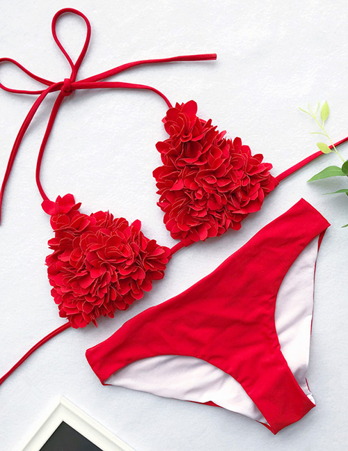 Fashion Red Sewed Flower Triangle Bag Bikini