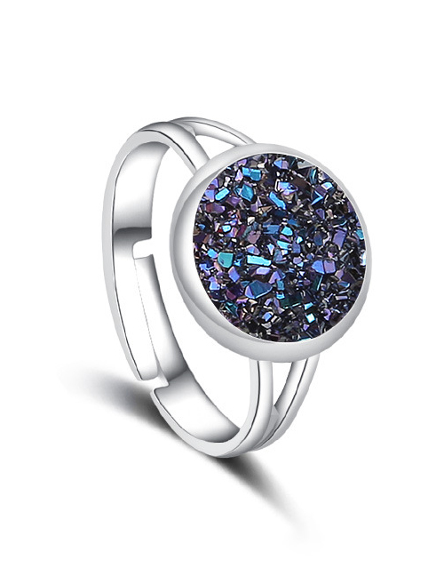 Fashion Silver + Dark Blue Natural Crystal Cluster Adjustable Ring