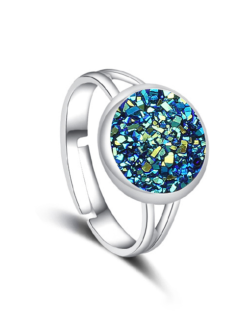 Fashion Silver + Dark Blue Natural Crystal Cluster Adjustable Ring