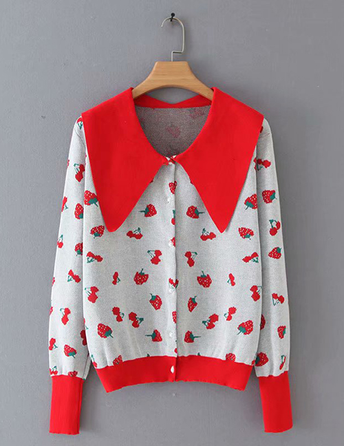 Fashion Red Cherry Lapel Cardigan Sweater