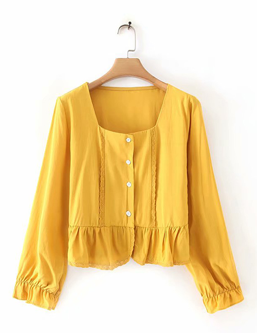 Fashion Yellow Lace Button Long-sleeved Top