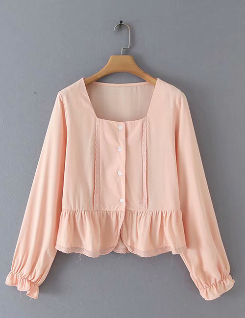 Fashion Pink Lace Button Long-sleeved Top