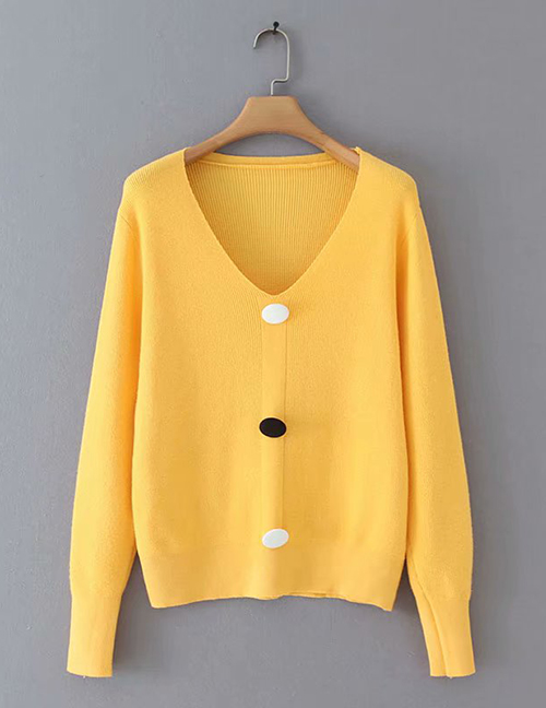 Fashion Yellow Button V-neck Sweater