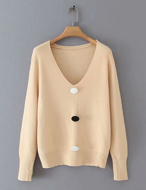 Fashion Khaki Button V-neck Sweater