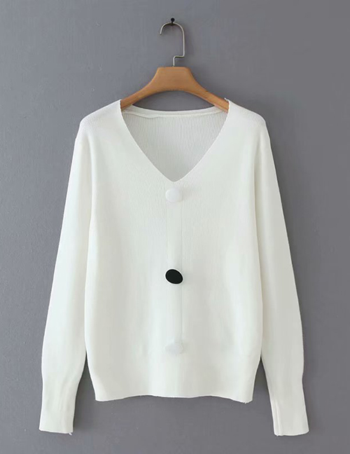 Fashion White Button V-neck Sweater