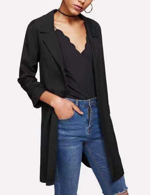Fashion Black Cropped Sleeves Long Suit Jacket