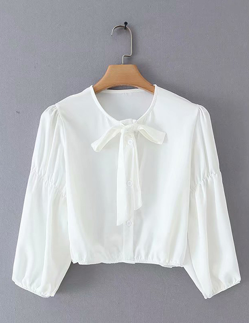 Fashion White Bow Button Long Sleeve Top