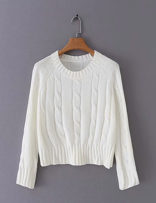 Fashion White Twisted Round Neck Long Sleeve Sweater