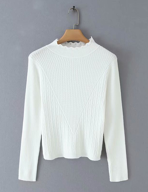 Fashion White Wavy Edge Stand Collar Long Sleeve Pullover