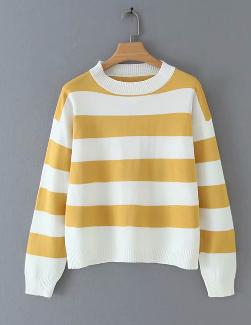 Fashion Yellow Striped Crew Neck Sweater