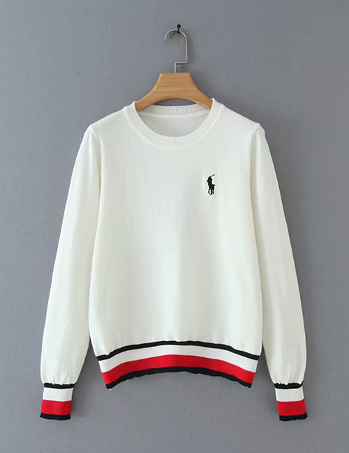 Fashion White Embroidered Color Crew Neck Sweater