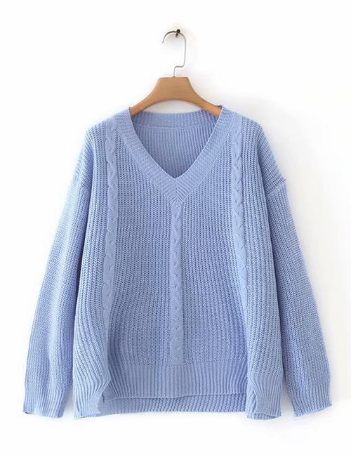 Fashion Blue Split V-neck Sweater