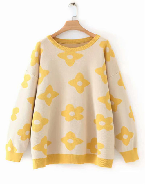 Fashion Yellow Flower Round Neck Sweater Long Sweater