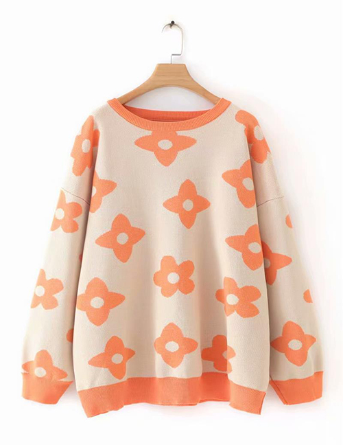 Fashion Orange Flower Round Neck Sweater Long Sweater