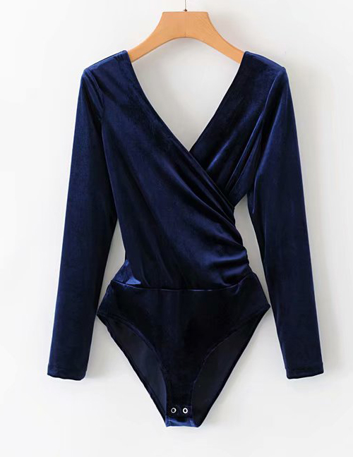 Fashion Navy Blue Velvet Bodysuit Three Colors