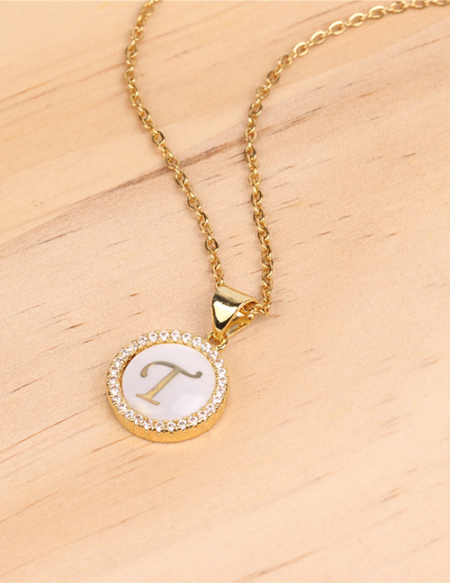 Fashion Golden T Stone Shell Round English Alphabet Necklace