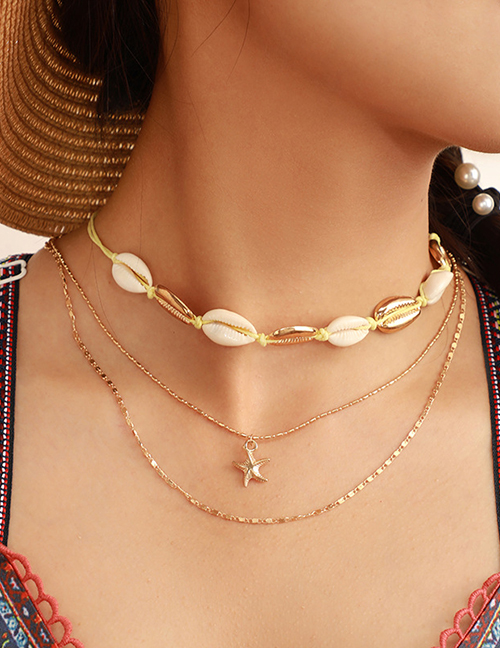 Fashion Gold Braided Alloy Shell Starfish Multi-layer Necklace
