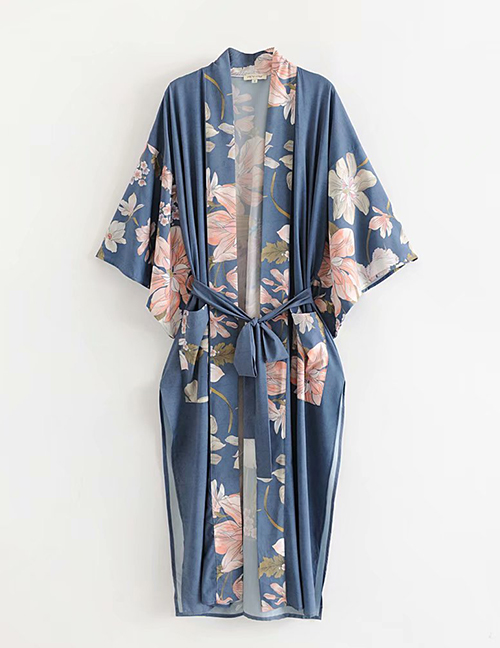 Fashion Blue Flower Printed Holiday Kimono Jacket Top