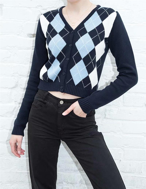Fashion Navy Plaid Knit Sweater