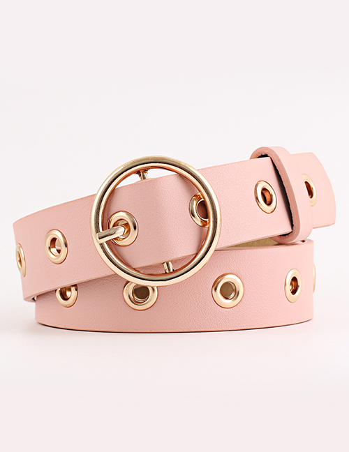 Fashion Pink Round Buckle Wide Leather Hollow Eye Belt