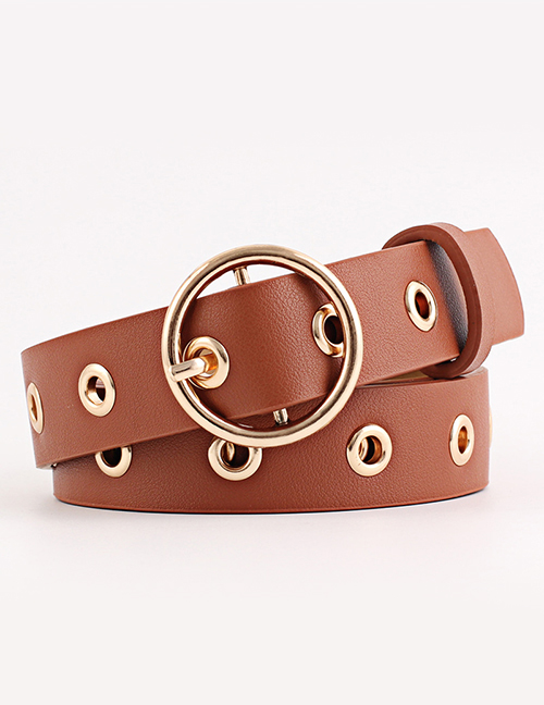 Fashion Camel Round Buckle Wide Leather Hollow Eye Belt