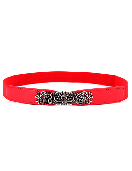 Fashion Red Rose Imitation Leather Counterpart Elastic Small Waist Seal
