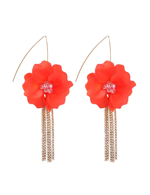 Fashion Red Alloy Diamond-studded Resin Flower Tassel Earrings