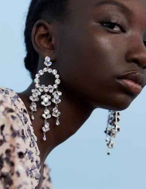 Fashion Black Alloy Studded Tassel Earrings