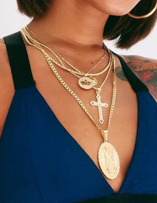 Fashion Gold Alloy Cross Portrait Lotus Multi-layer Necklace