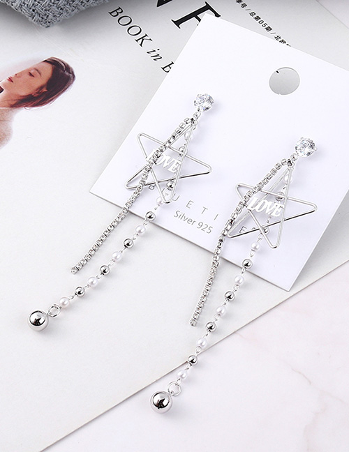 Fashion Platinum Plated Gold Love Five-star Tassel  Silver Needle Earrings