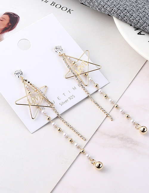 Fashion 14k Gold Plated Gold Love Five-star Tassel  Silver Needle Earrings