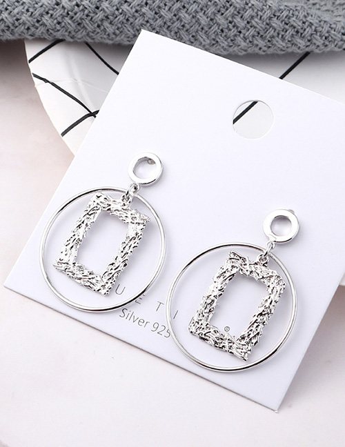 Fashion Platinum Plated Gold Photo Frame Circle Cutout  Silver Needle Earrings